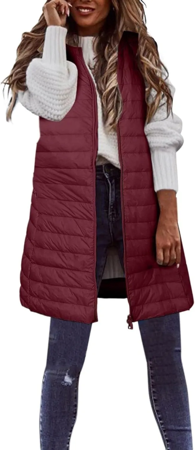 Puffer Vest for Women Sleeveless Round Neck Y2K Mid Length Full Zip Up Plain Down Coat Jacket Autumn Thin Casual with Pocket