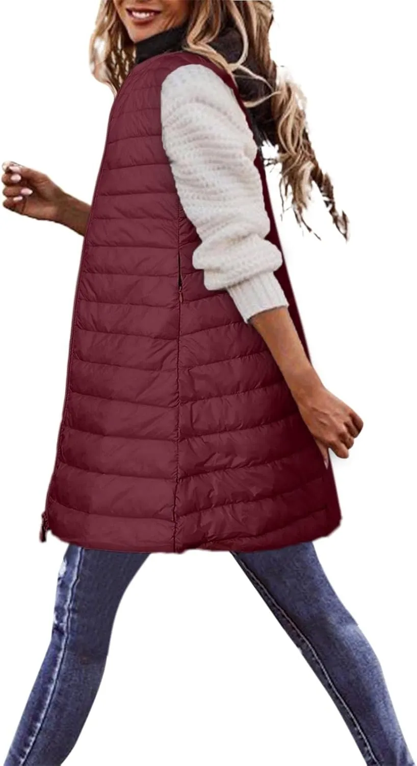 Puffer Vest for Women Sleeveless Round Neck Y2K Mid Length Full Zip Up Plain Down Coat Jacket Autumn Thin Casual with Pocket