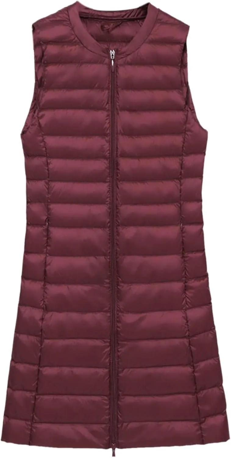 Puffer Vest for Women Sleeveless Round Neck Y2K Mid Length Full Zip Up Plain Down Coat Jacket Autumn Thin Casual with Pocket