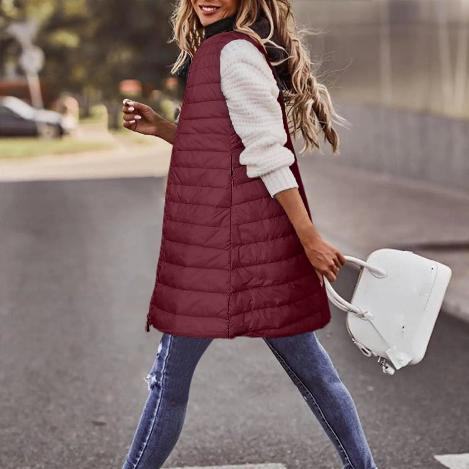 Puffer Vest for Women Sleeveless Round Neck Y2K Mid Length Full Zip Up Plain Down Coat Jacket Autumn Thin Casual with Pocket