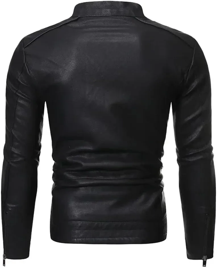 Pulcykp Men Slim PU Casual Leather Jacket Coat Winter Motorcycle Biker Slim Fit Outwear