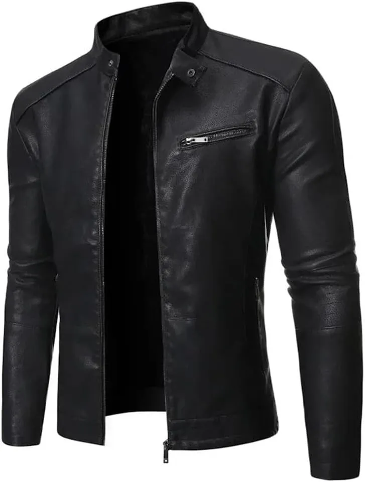 Pulcykp Men Slim PU Casual Leather Jacket Coat Winter Motorcycle Biker Slim Fit Outwear