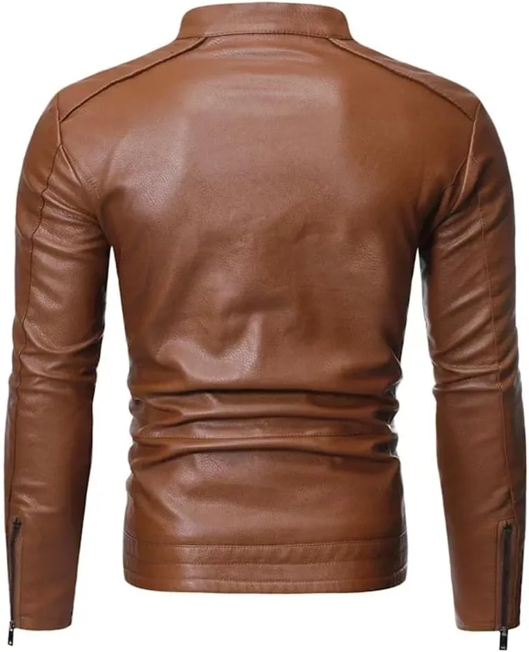 Pulcykp Men Slim PU Casual Leather Jacket Coat Winter Motorcycle Biker Slim Fit Outwear