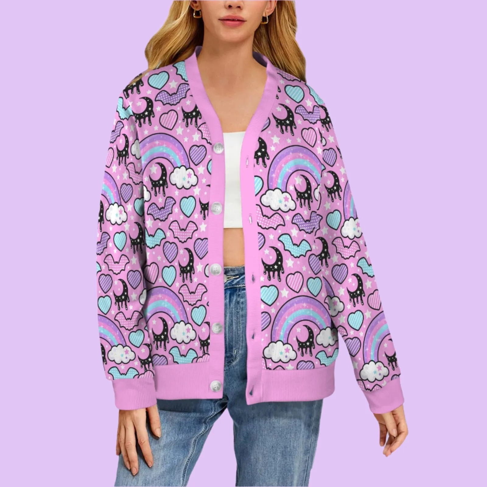 Rainbow Spooky Bats Women's Ribbed Button Up Cardigan (Pink)