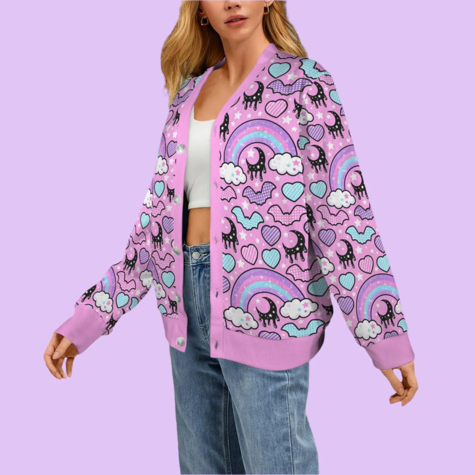 Rainbow Spooky Bats Women's Ribbed Button Up Cardigan (Pink)