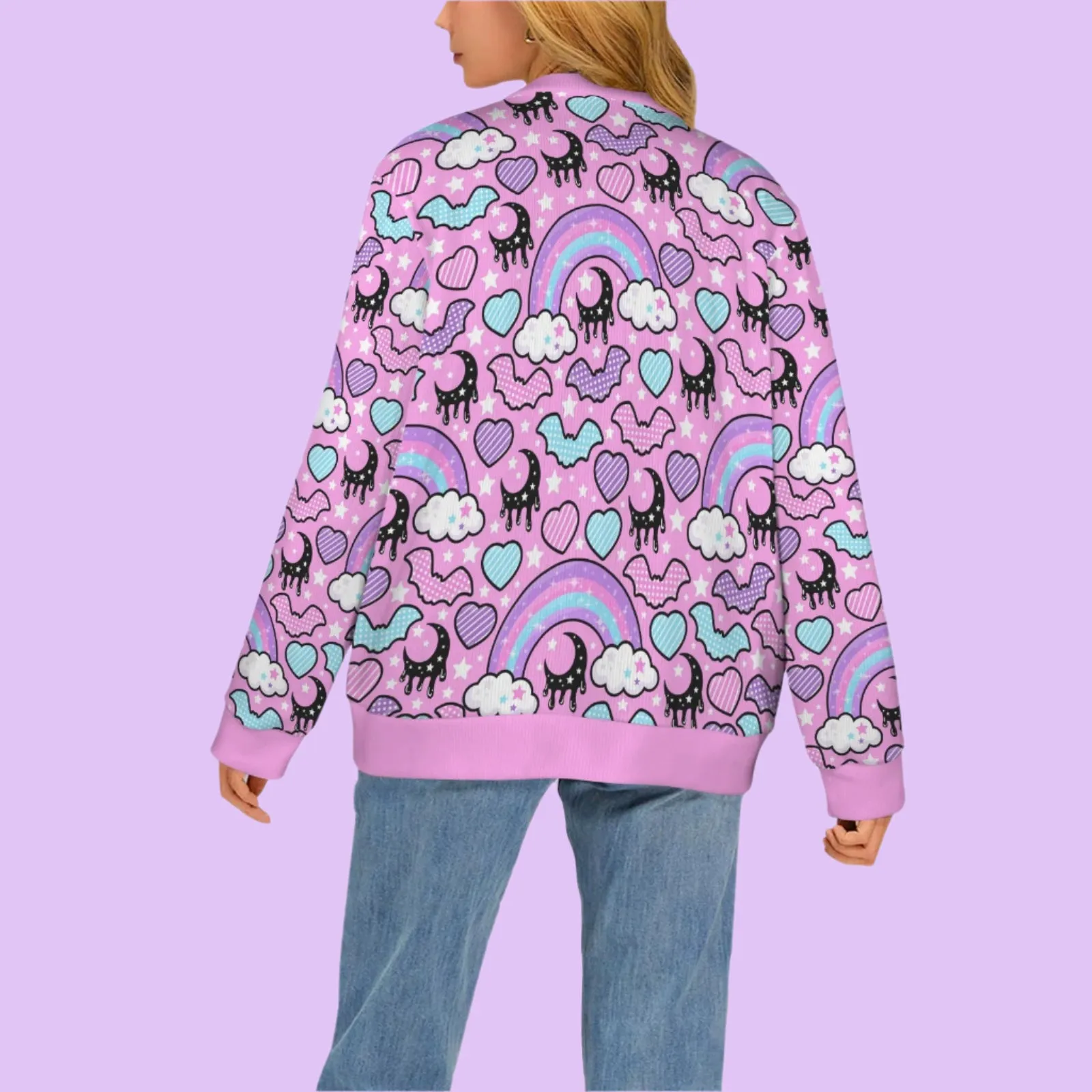 Rainbow Spooky Bats Women's Ribbed Button Up Cardigan (Pink)