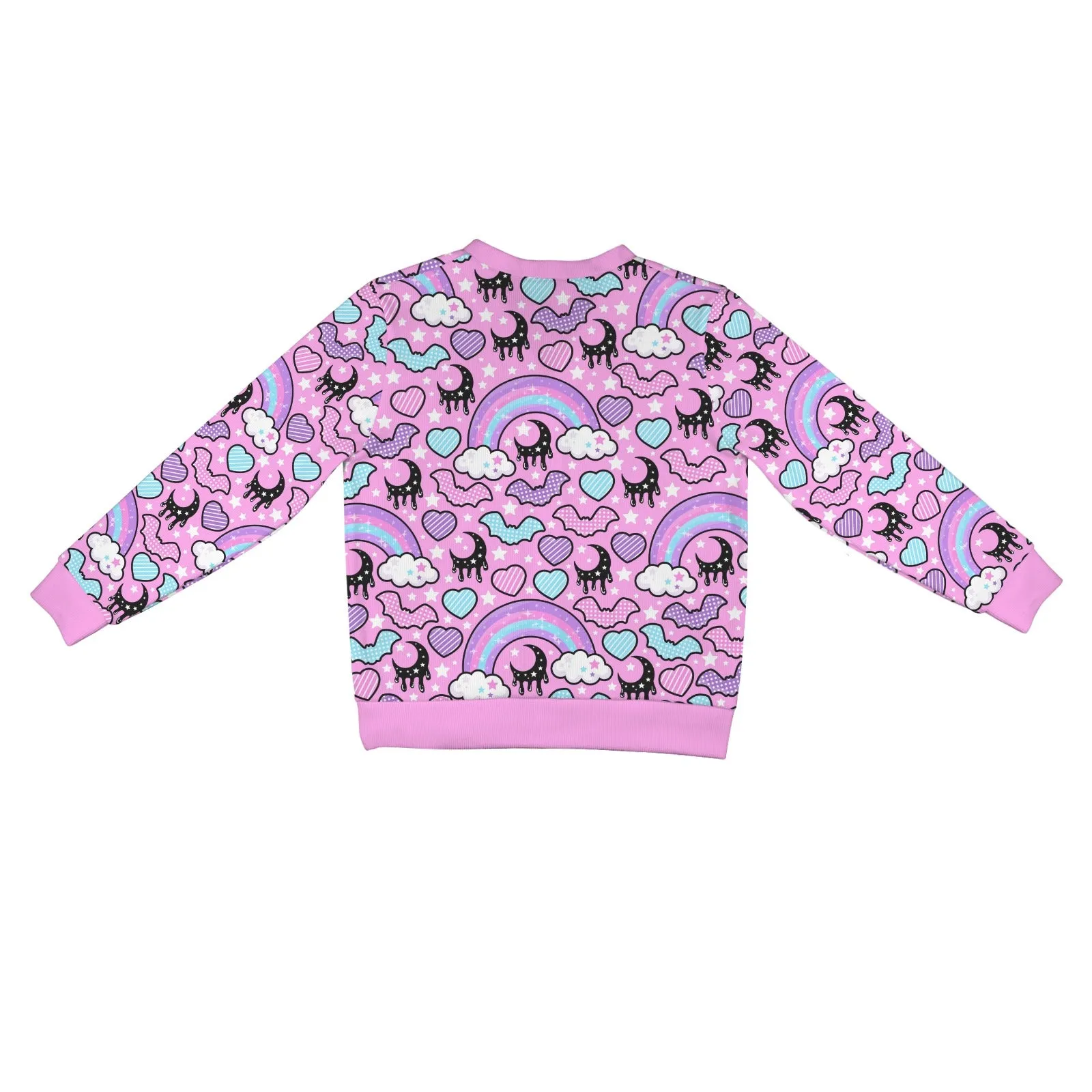 Rainbow Spooky Bats Women's Ribbed Button Up Cardigan (Pink)