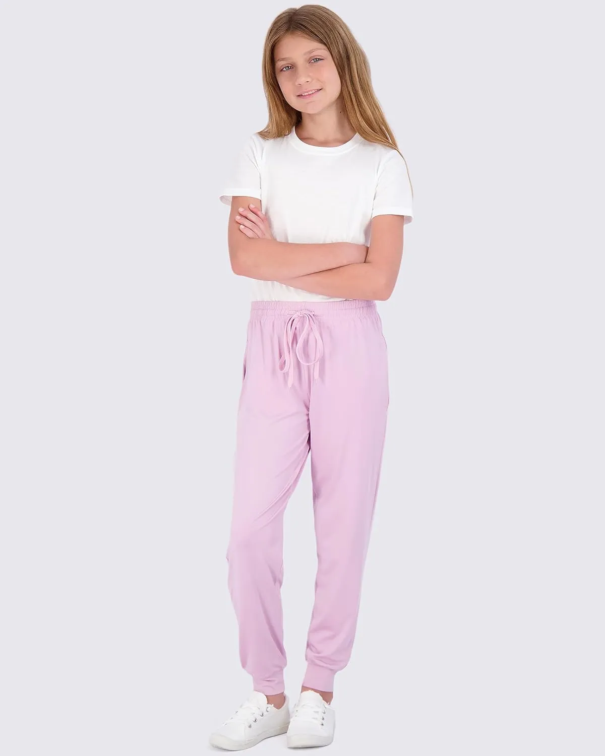 Real Essentials 3 Pack: Girls' Dry-Fit Jogger Sweatpants Soft Active Athletic Kids Joggers with Pockets & Drawstring