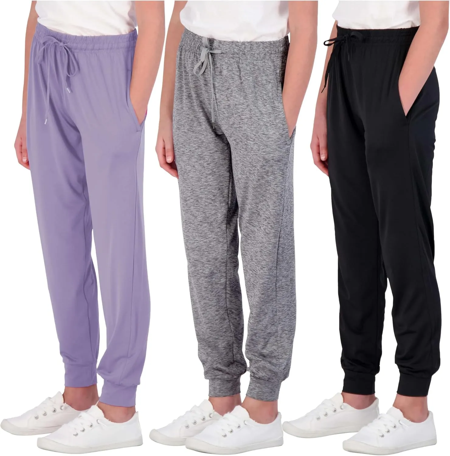 Real Essentials 3 Pack: Girls' Dry-Fit Jogger Sweatpants Soft Active Athletic Kids Joggers with Pockets & Drawstring