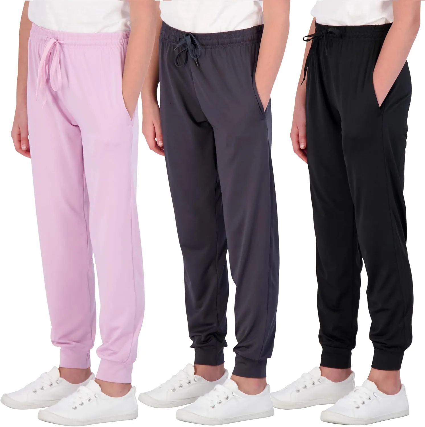 Real Essentials 3 Pack: Girls' Dry-Fit Jogger Sweatpants Soft Active Athletic Kids Joggers with Pockets & Drawstring