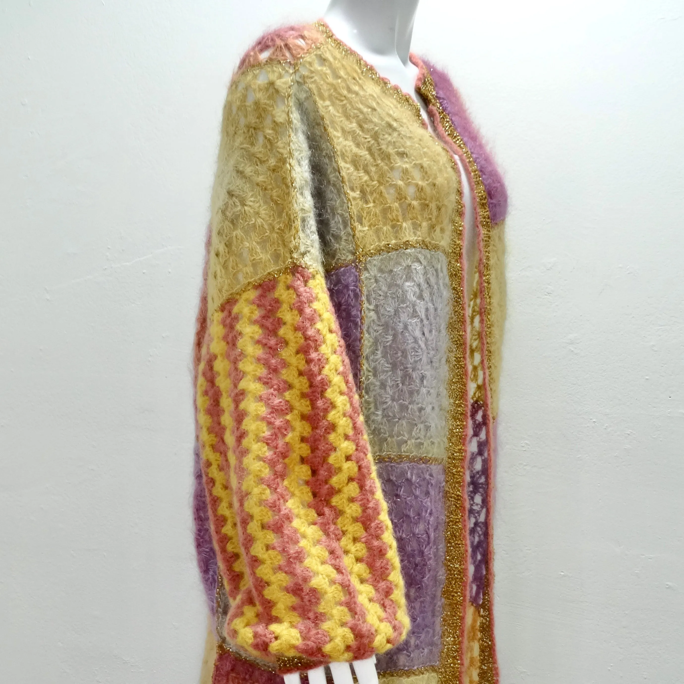 Rose Carmine Patchwork Crochet Multicolor Mohair Duster Cardigan