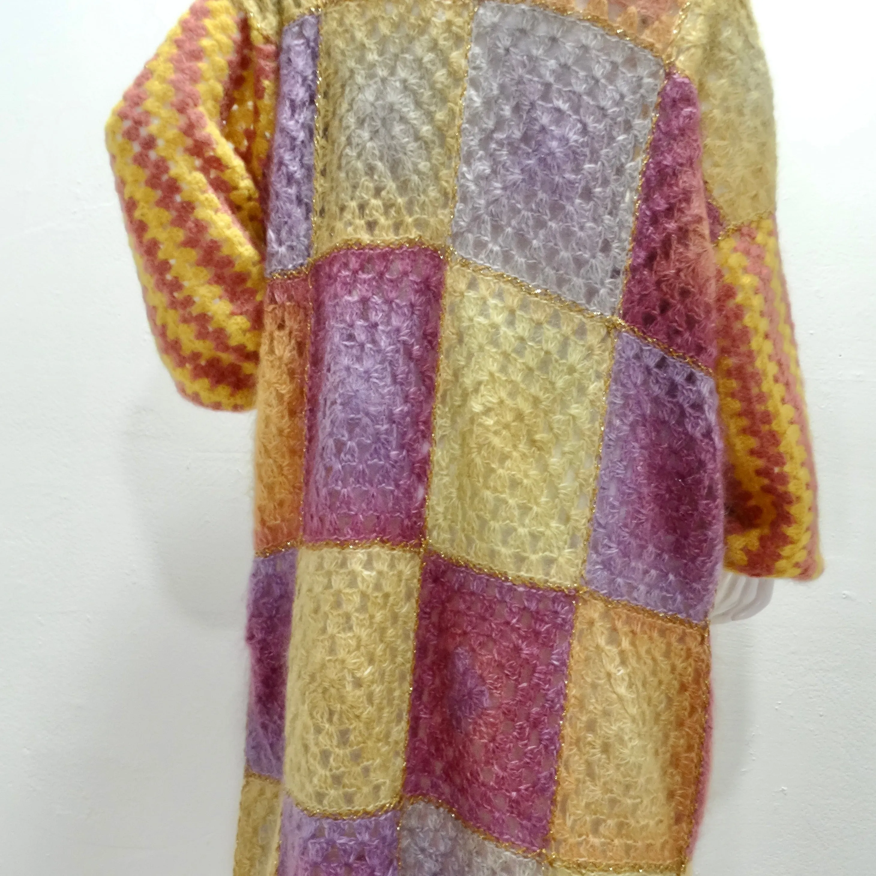 Rose Carmine Patchwork Crochet Multicolor Mohair Duster Cardigan