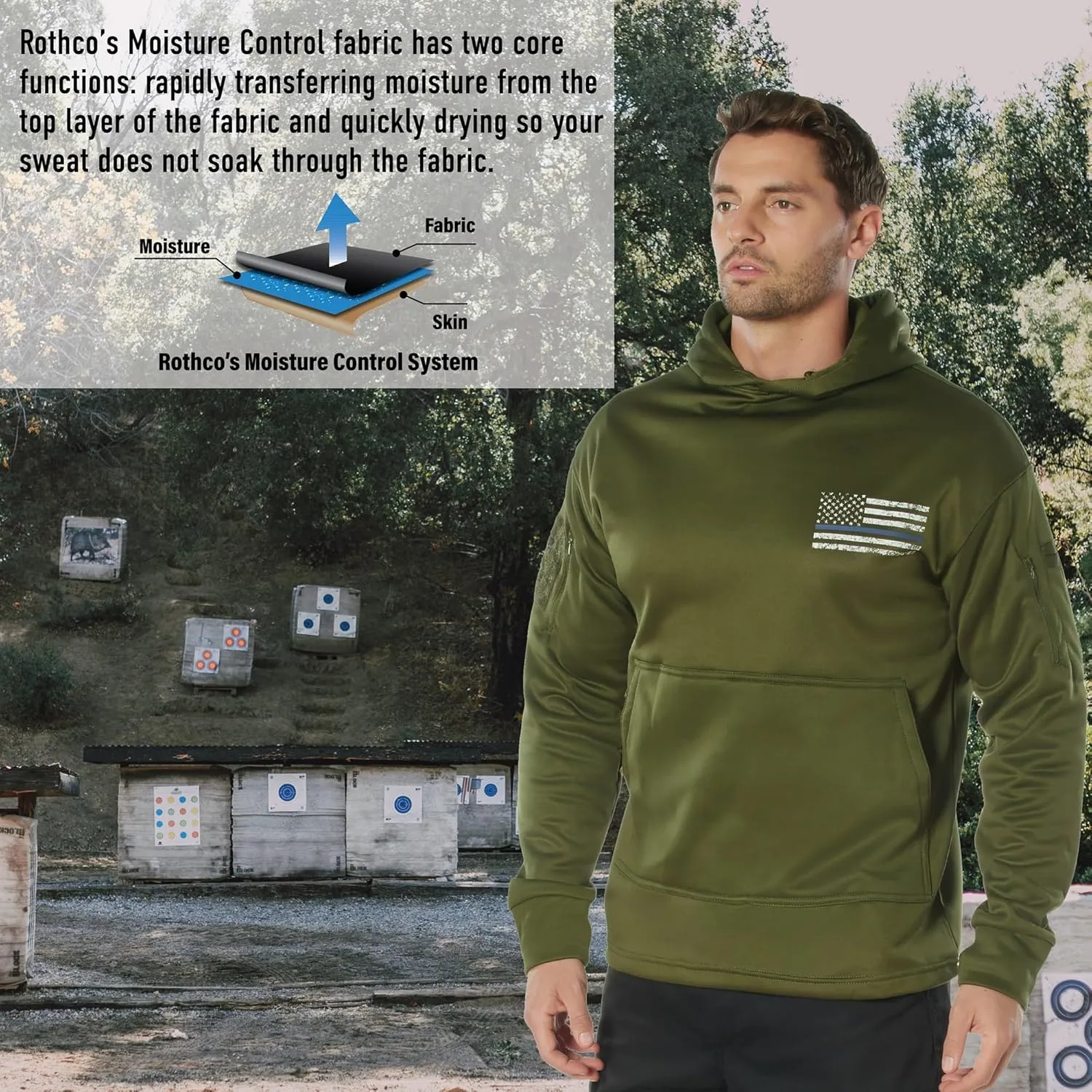Rothco Conceal-Ops Thin Blue Line Hoodie – Tactical Hooded Sweatshirt with Distressed American Flag Graphics