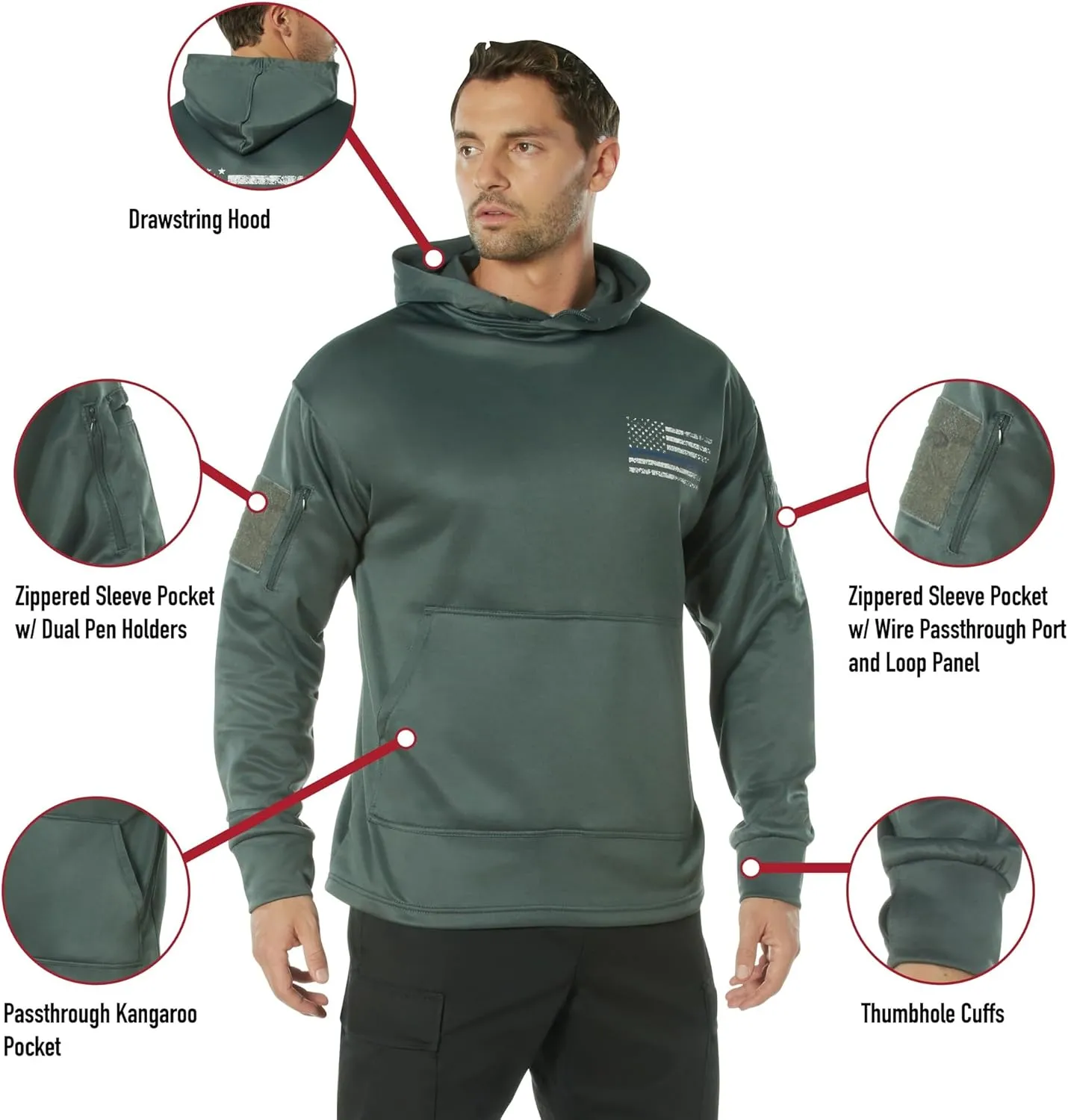 Rothco Conceal-Ops Thin Blue Line Hoodie – Tactical Hooded Sweatshirt with Distressed American Flag Graphics