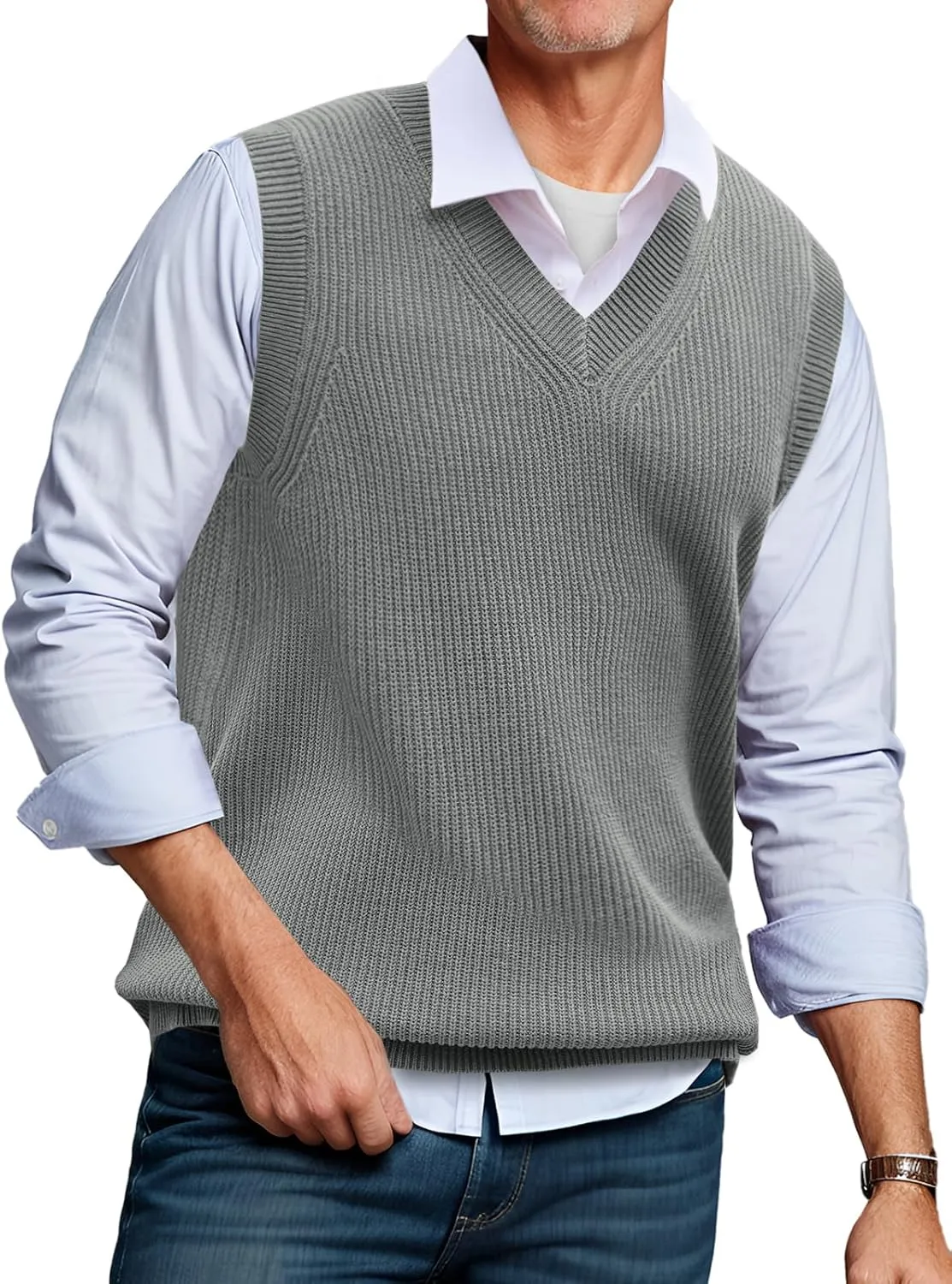 Runcati Mens V Neck Sweater Vest Knit Pullover Tops Casual Sleeveless Sweaters