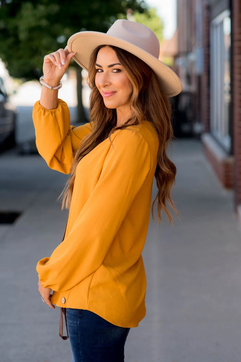 Side Button Long Sleeve Blouse