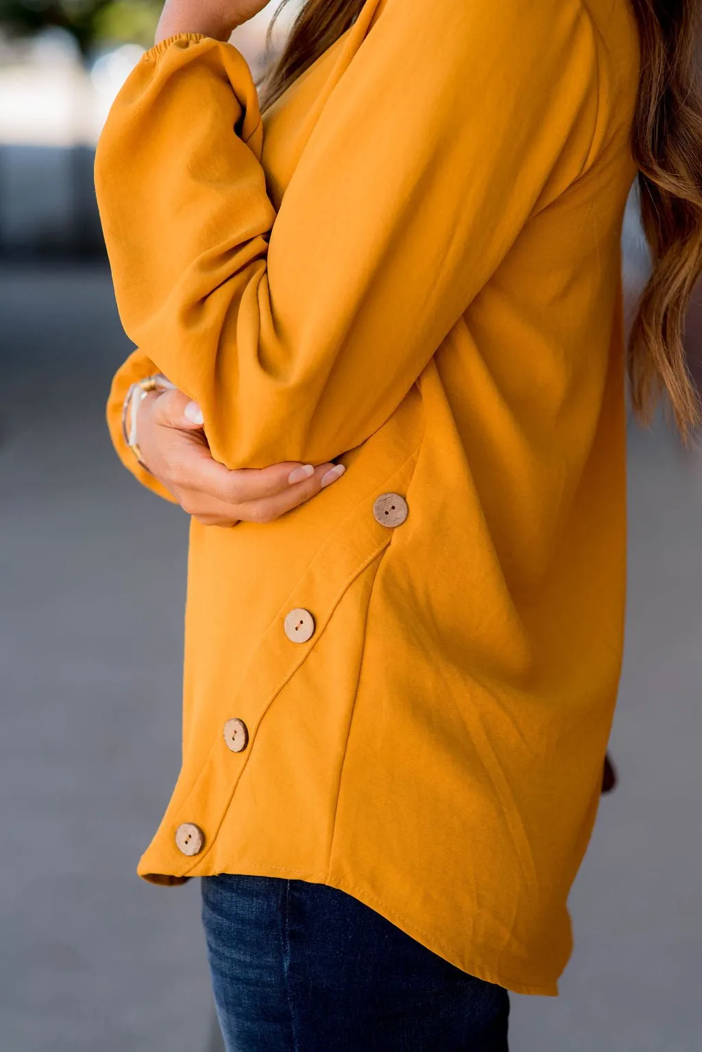 Side Button Long Sleeve Blouse