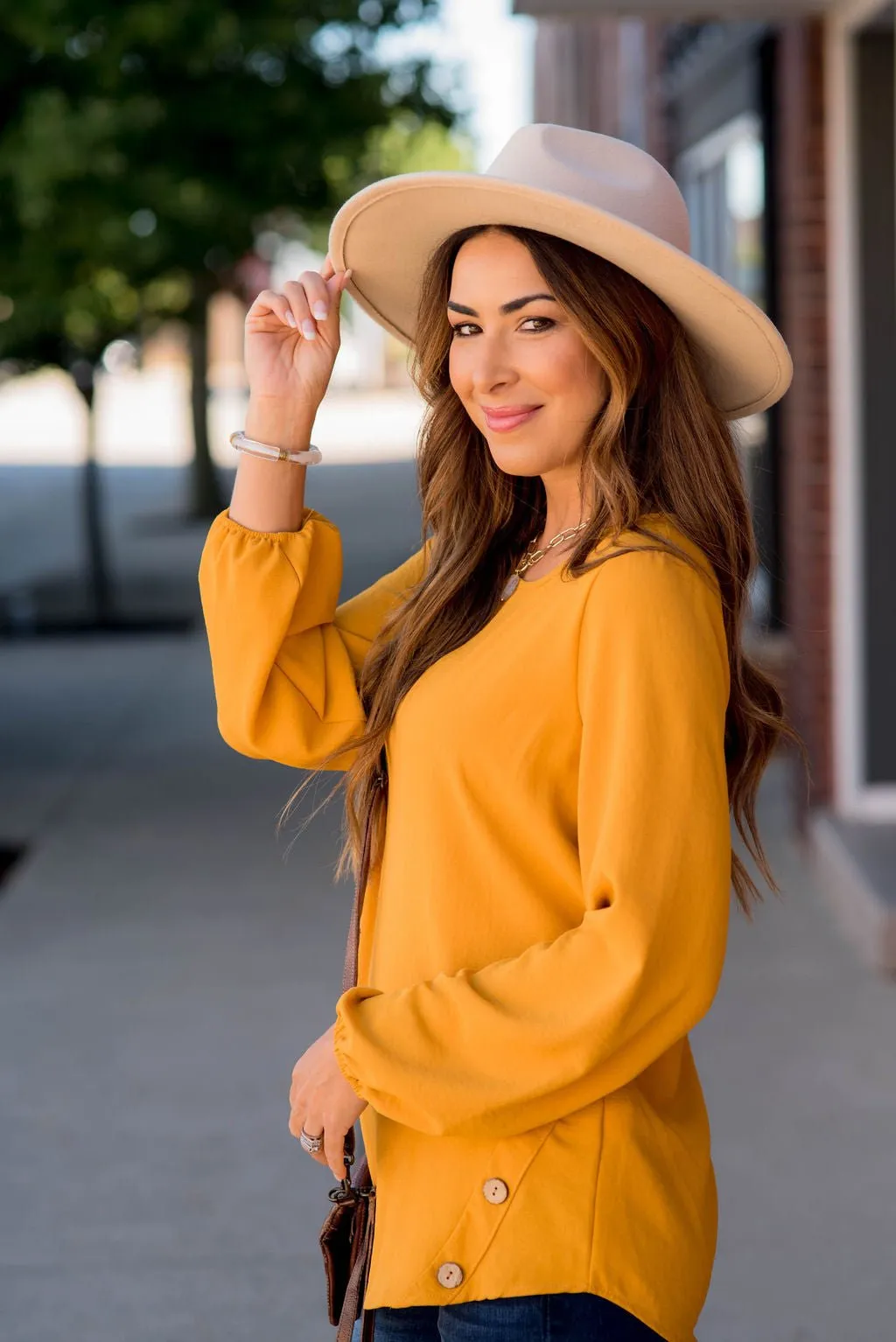 Side Button Long Sleeve Blouse