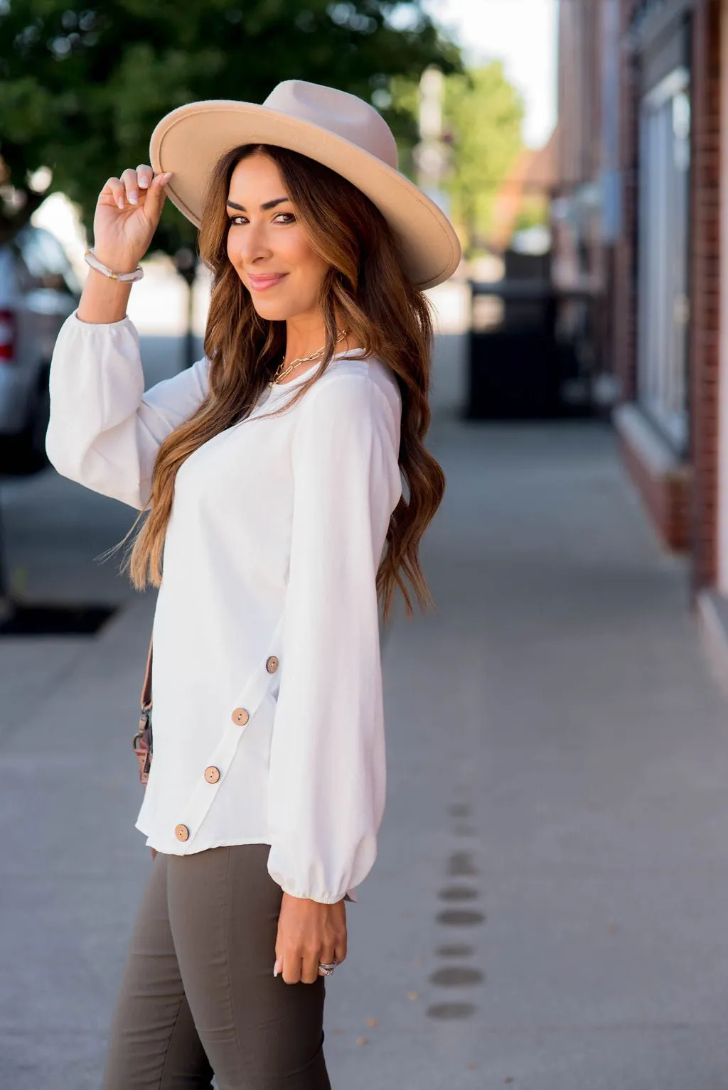 Side Button Long Sleeve Blouse