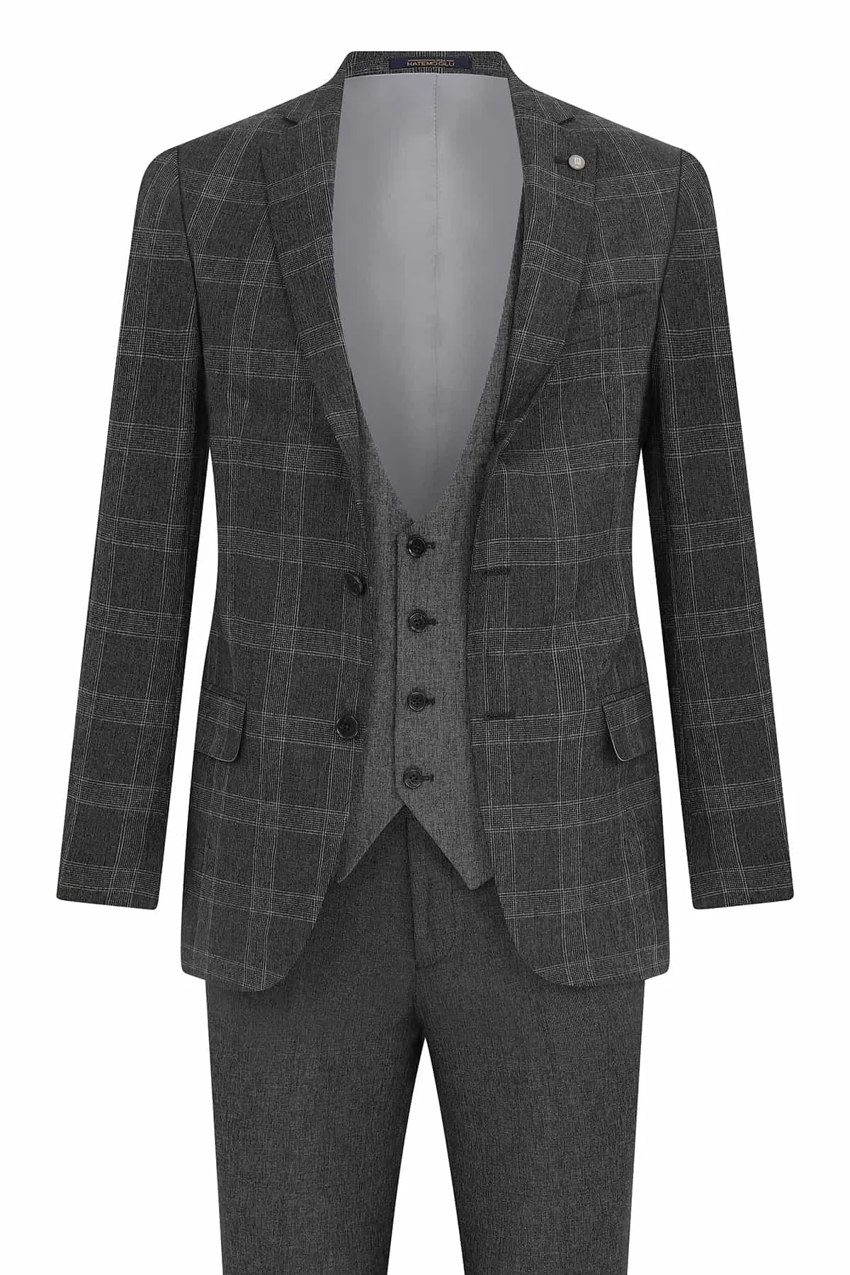 Slim Fit Notch Lapel Plaid Gray Casual Suit with Vest