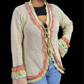 Storybook Knits Sunburst Ruffles Cardigan Tan Vintage Sweater Beaded Size Large