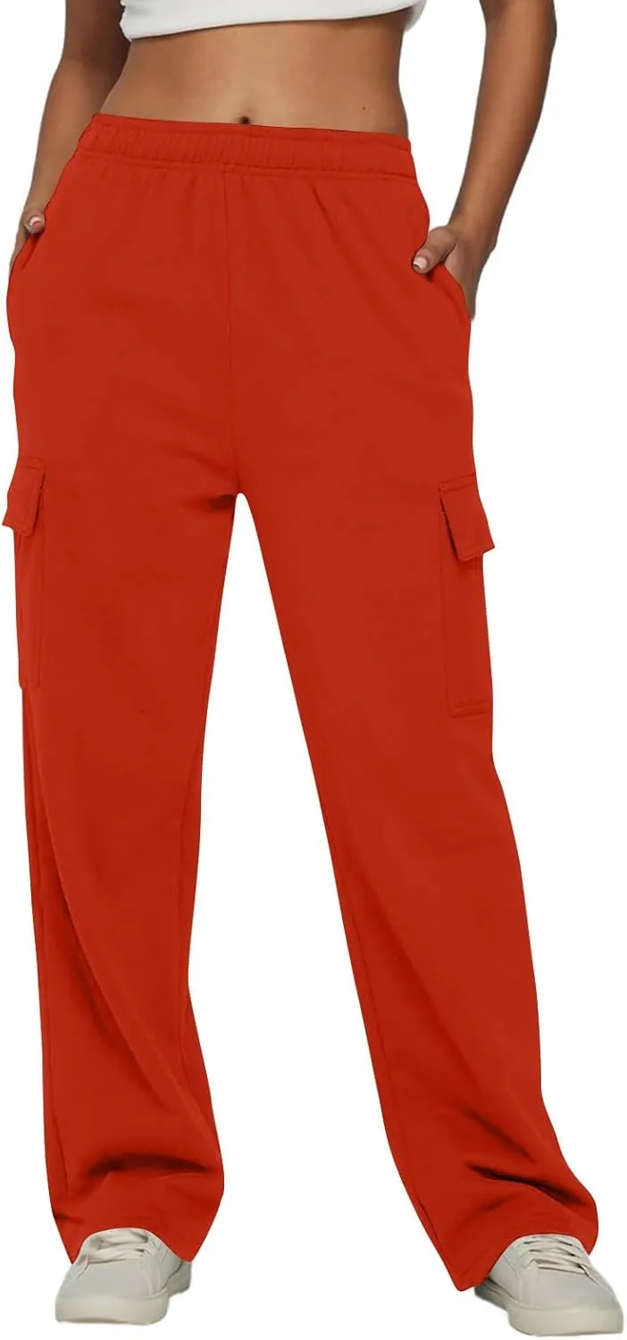 Straight Leg Cargo Sweatpants Women Baggy Fleece Elastic High Waisted Joggers Pants Casual Comfy Soft Parachute Pant