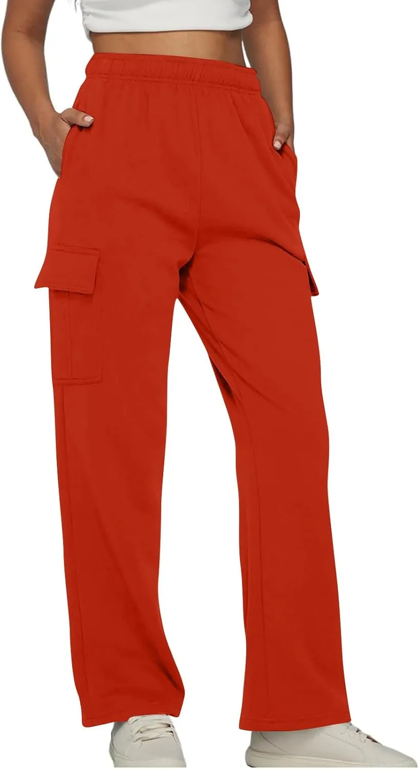 Straight Leg Cargo Sweatpants Women Baggy Fleece Elastic High Waisted Joggers Pants Casual Comfy Soft Parachute Pant