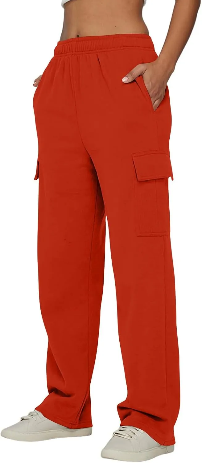 Straight Leg Cargo Sweatpants Women Baggy Fleece Elastic High Waisted Joggers Pants Casual Comfy Soft Parachute Pant