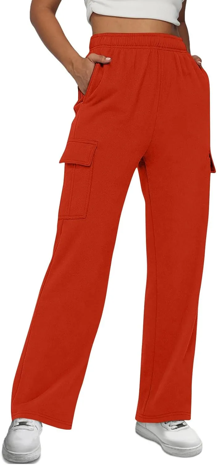 Straight Leg Cargo Sweatpants Women Baggy Fleece Elastic High Waisted Joggers Pants Casual Comfy Soft Parachute Pant