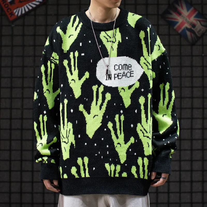 Sweater Men Jumpers Knitted Harajuku Alien Hip Hop Streetwear Men Knitwear Clothing Pullover Oversize Sweaters