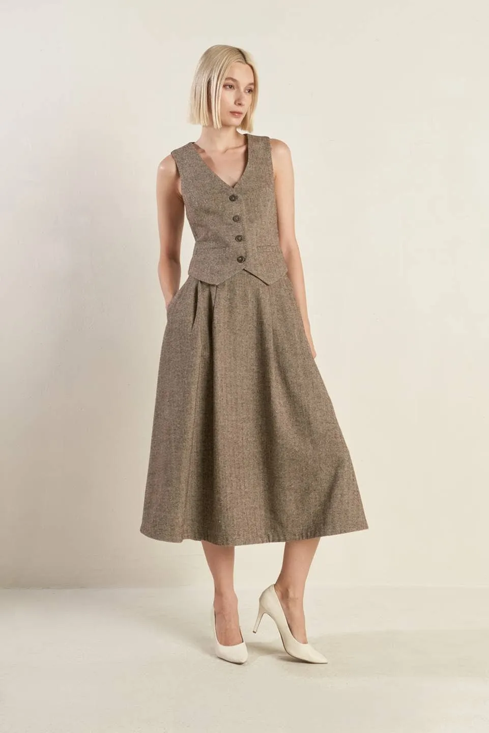 Tailored Woolen Herringbone Vest