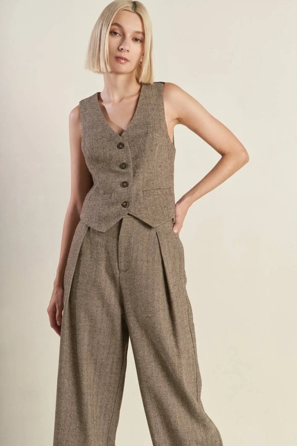 Tailored Woolen Herringbone Vest