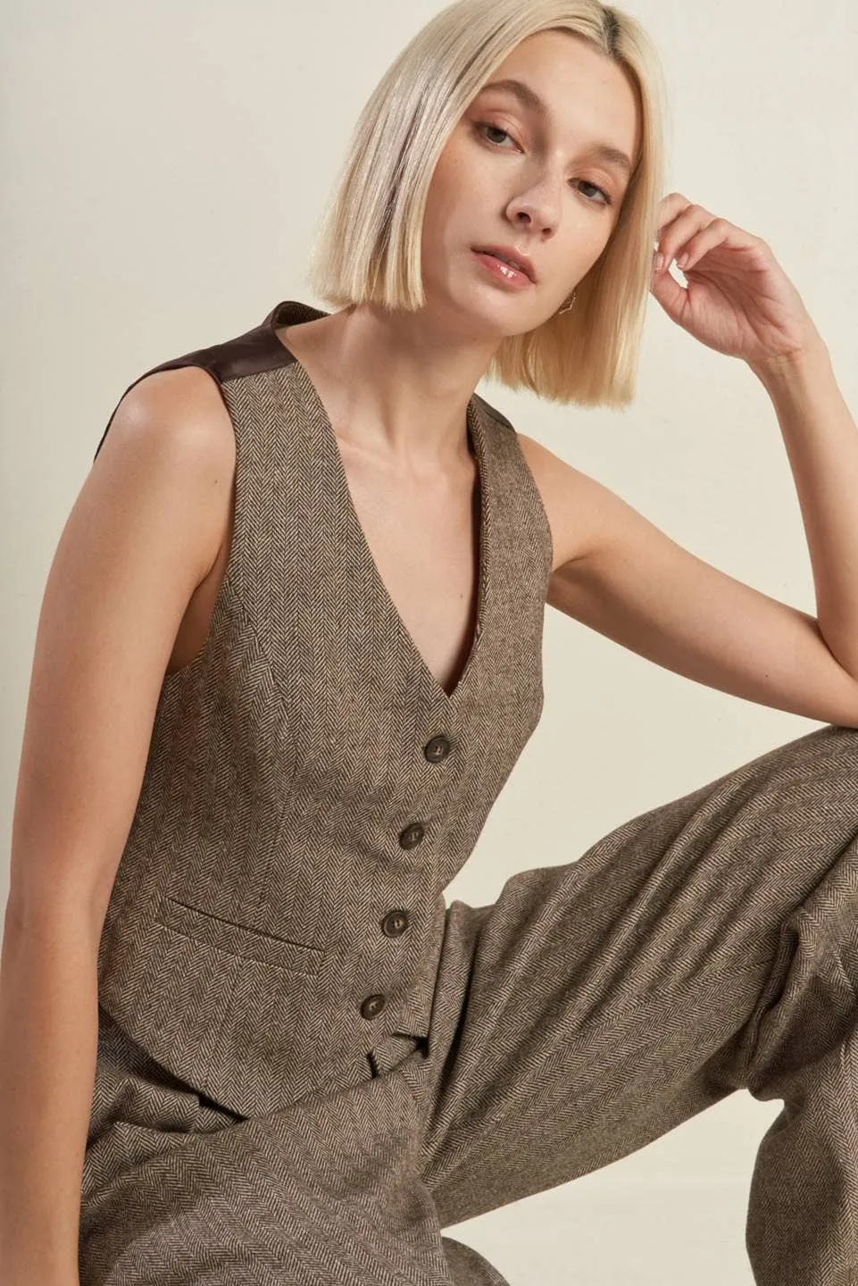 Tailored Woolen Herringbone Vest