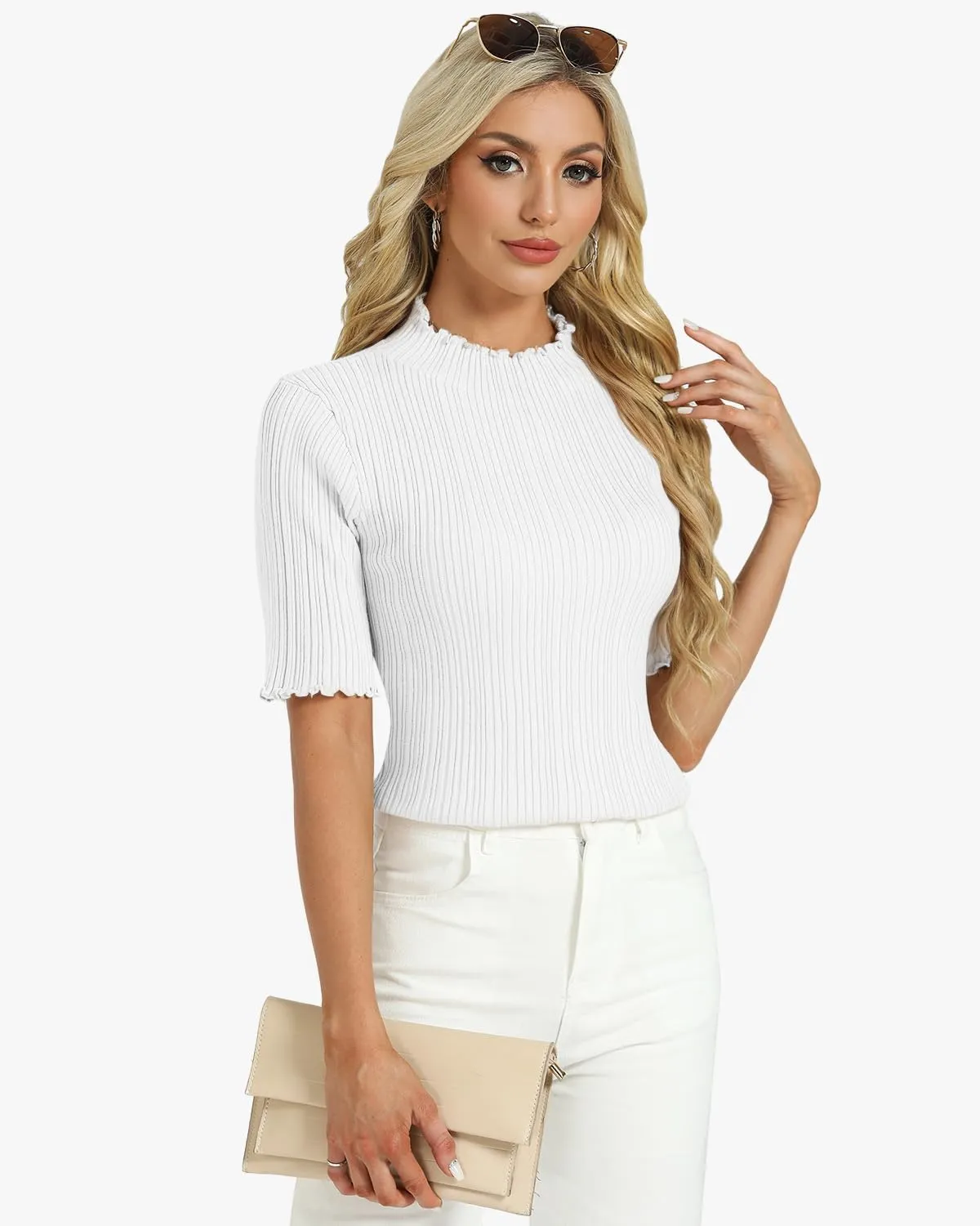 Tanou Women's Half Sleeve Pullover Sweaters Mock Neck Ribbed Knitted Small Wave Shirts Casual Slim Fit Basic Tee Tops