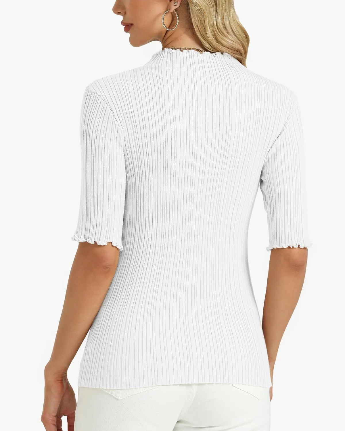 Tanou Women's Half Sleeve Pullover Sweaters Mock Neck Ribbed Knitted Small Wave Shirts Casual Slim Fit Basic Tee Tops