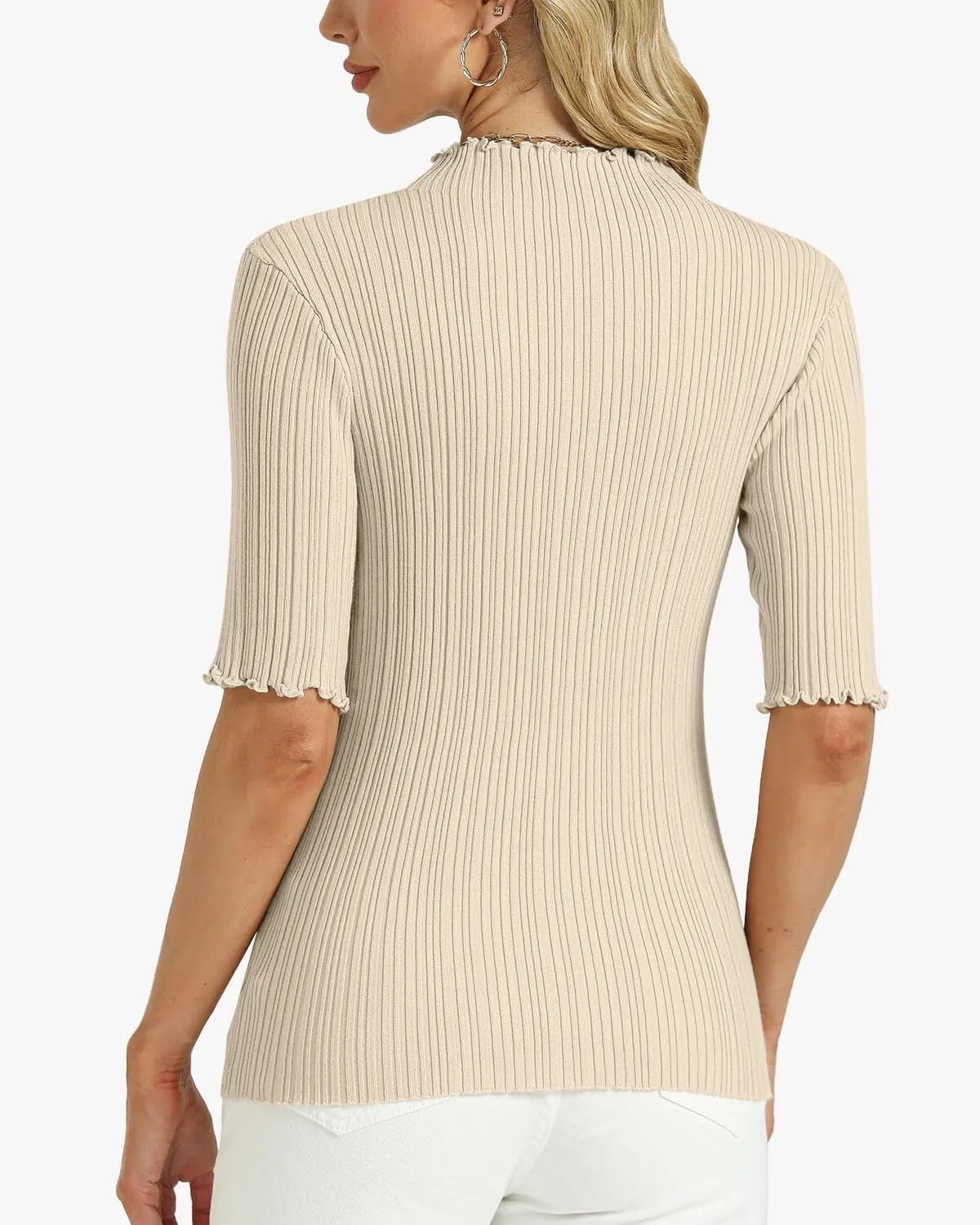 Tanou Women's Half Sleeve Pullover Sweaters Mock Neck Ribbed Knitted Small Wave Shirts Casual Slim Fit Basic Tee Tops