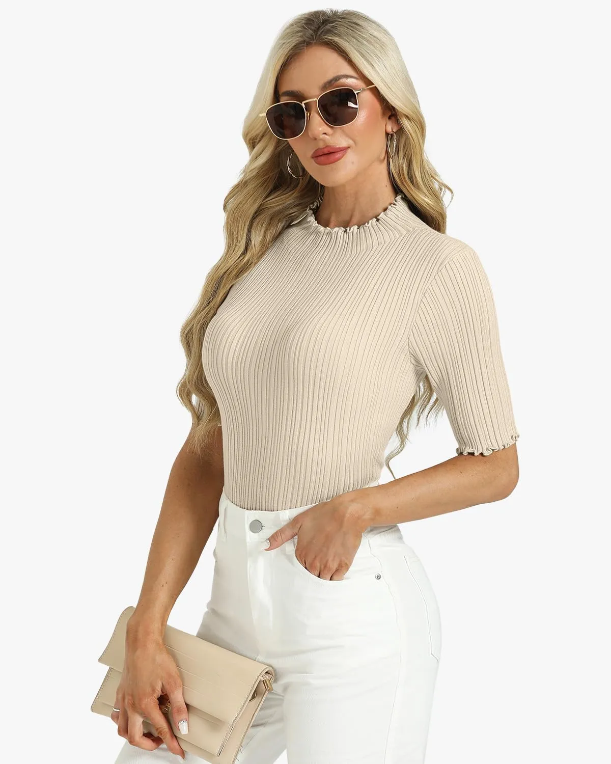 Tanou Women's Half Sleeve Pullover Sweaters Mock Neck Ribbed Knitted Small Wave Shirts Casual Slim Fit Basic Tee Tops