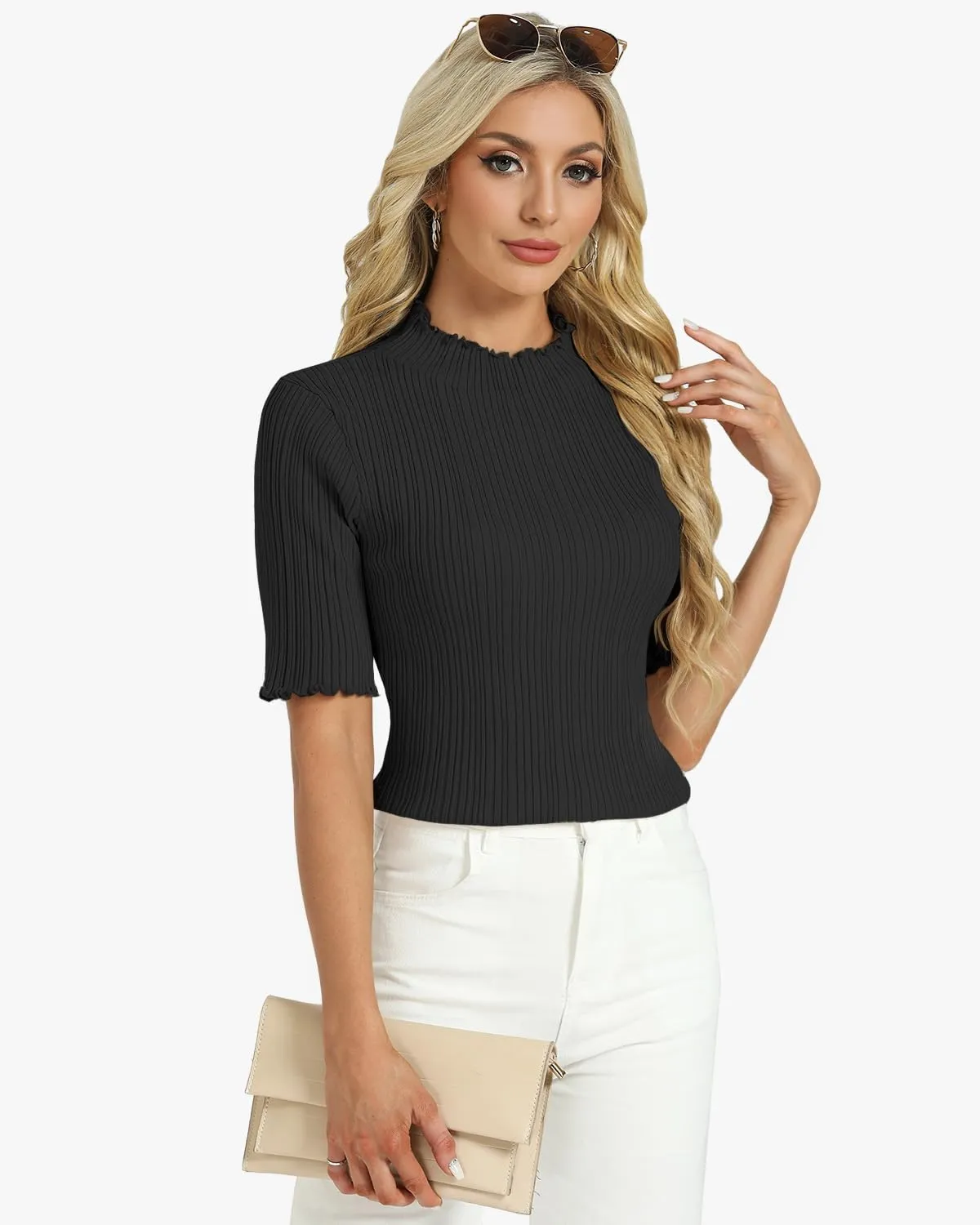 Tanou Women's Half Sleeve Pullover Sweaters Mock Neck Ribbed Knitted Small Wave Shirts Casual Slim Fit Basic Tee Tops