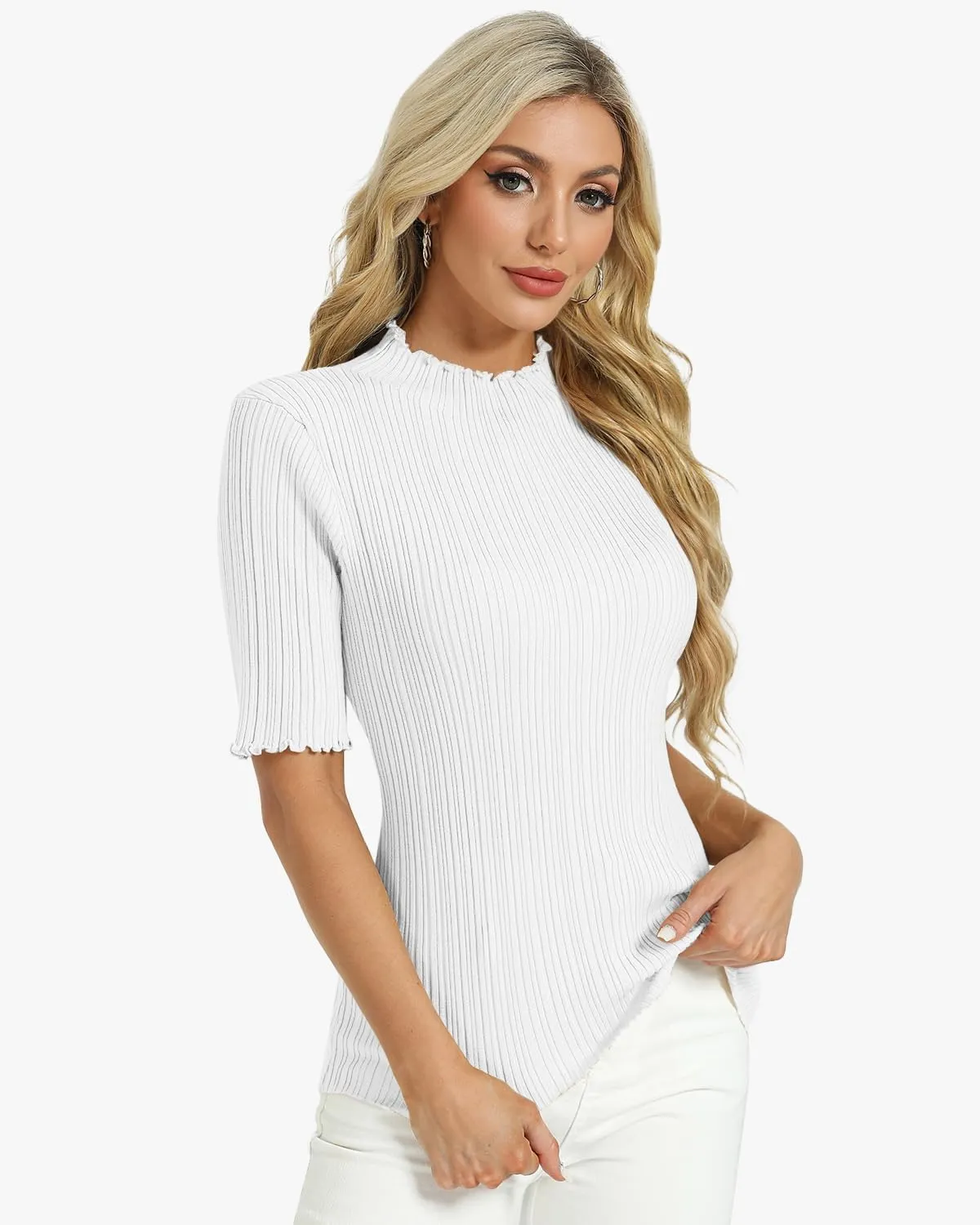 Tanou Women's Half Sleeve Pullover Sweaters Mock Neck Ribbed Knitted Small Wave Shirts Casual Slim Fit Basic Tee Tops