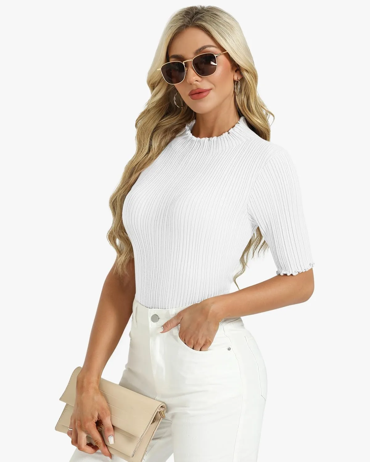 Tanou Women's Half Sleeve Pullover Sweaters Mock Neck Ribbed Knitted Small Wave Shirts Casual Slim Fit Basic Tee Tops