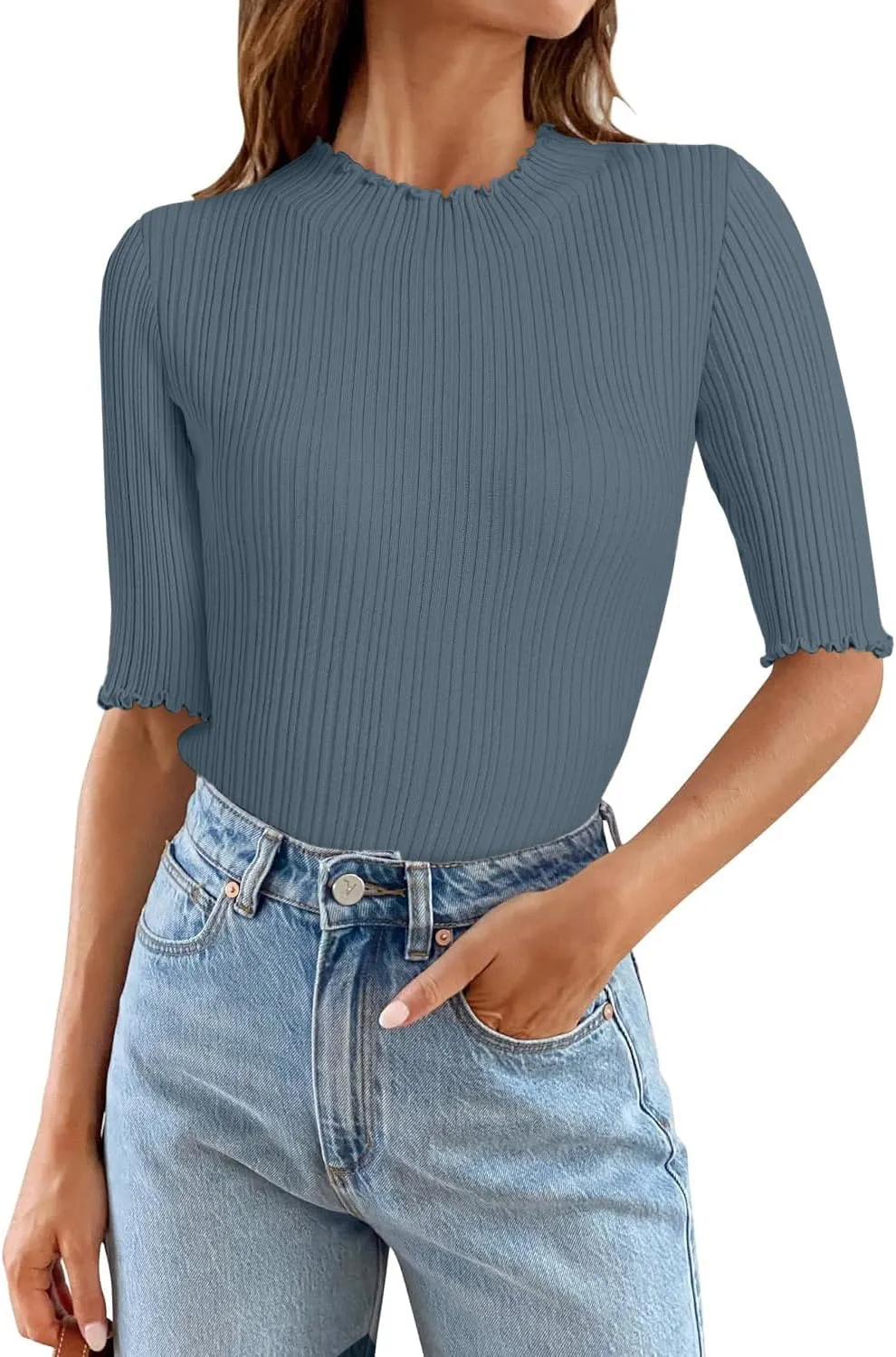 Tanou Women's Half Sleeve Pullover Sweaters Mock Neck Ribbed Knitted Small Wave Shirts Casual Slim Fit Basic Tee Tops