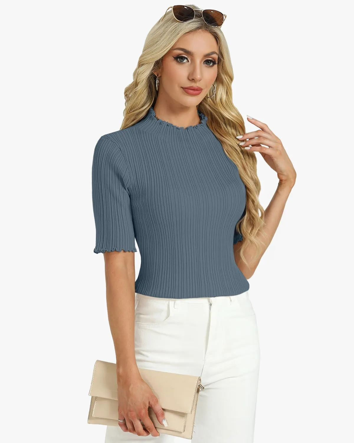 Tanou Women's Half Sleeve Pullover Sweaters Mock Neck Ribbed Knitted Small Wave Shirts Casual Slim Fit Basic Tee Tops