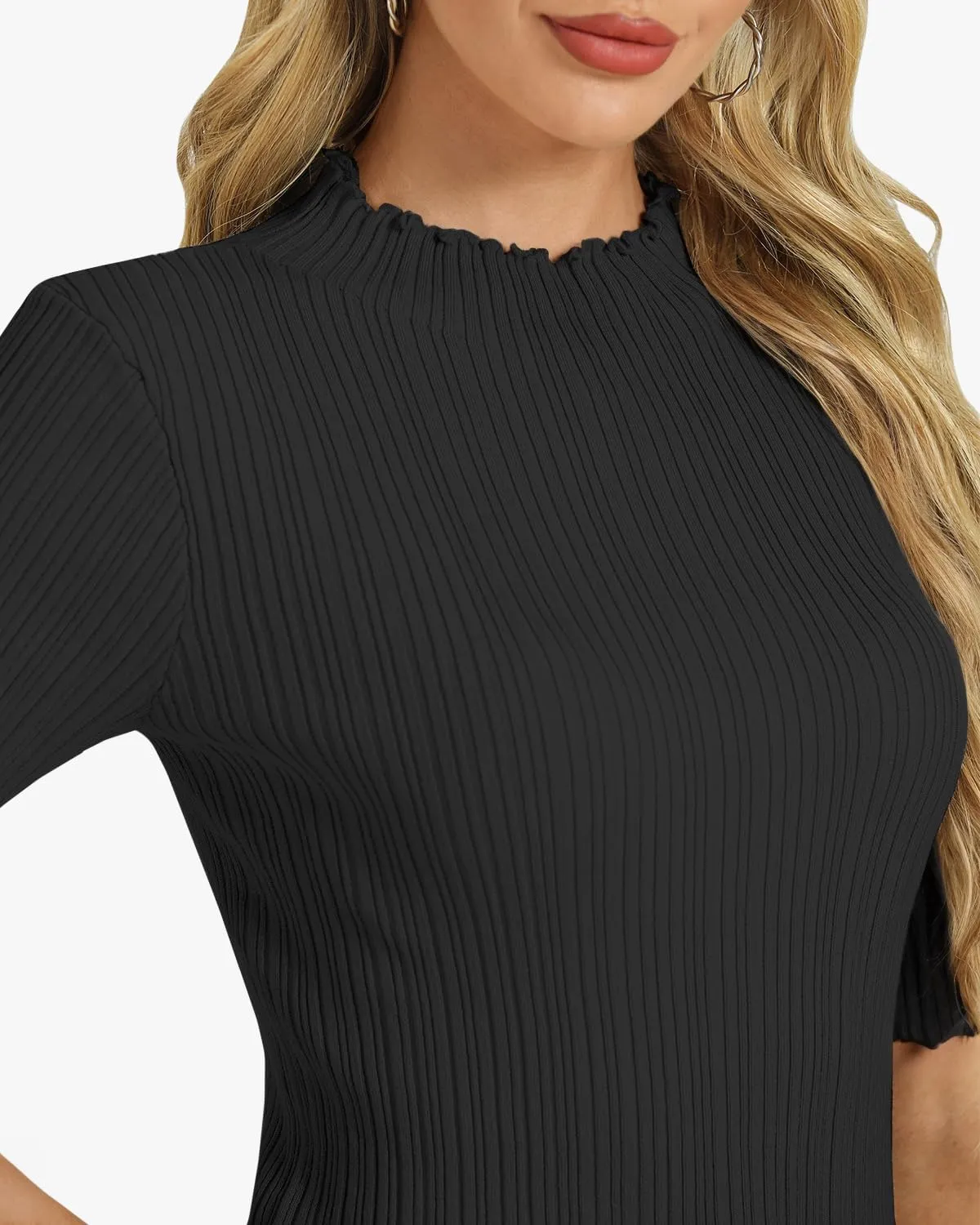 Tanou Women's Half Sleeve Pullover Sweaters Mock Neck Ribbed Knitted Small Wave Shirts Casual Slim Fit Basic Tee Tops