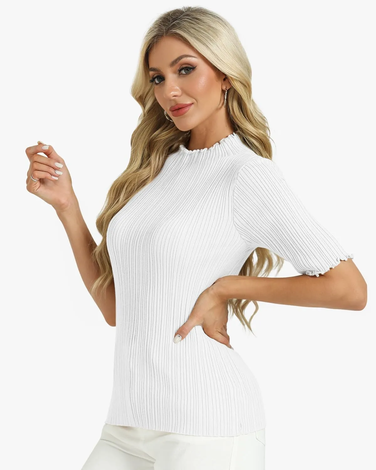 Tanou Women's Half Sleeve Pullover Sweaters Mock Neck Ribbed Knitted Small Wave Shirts Casual Slim Fit Basic Tee Tops