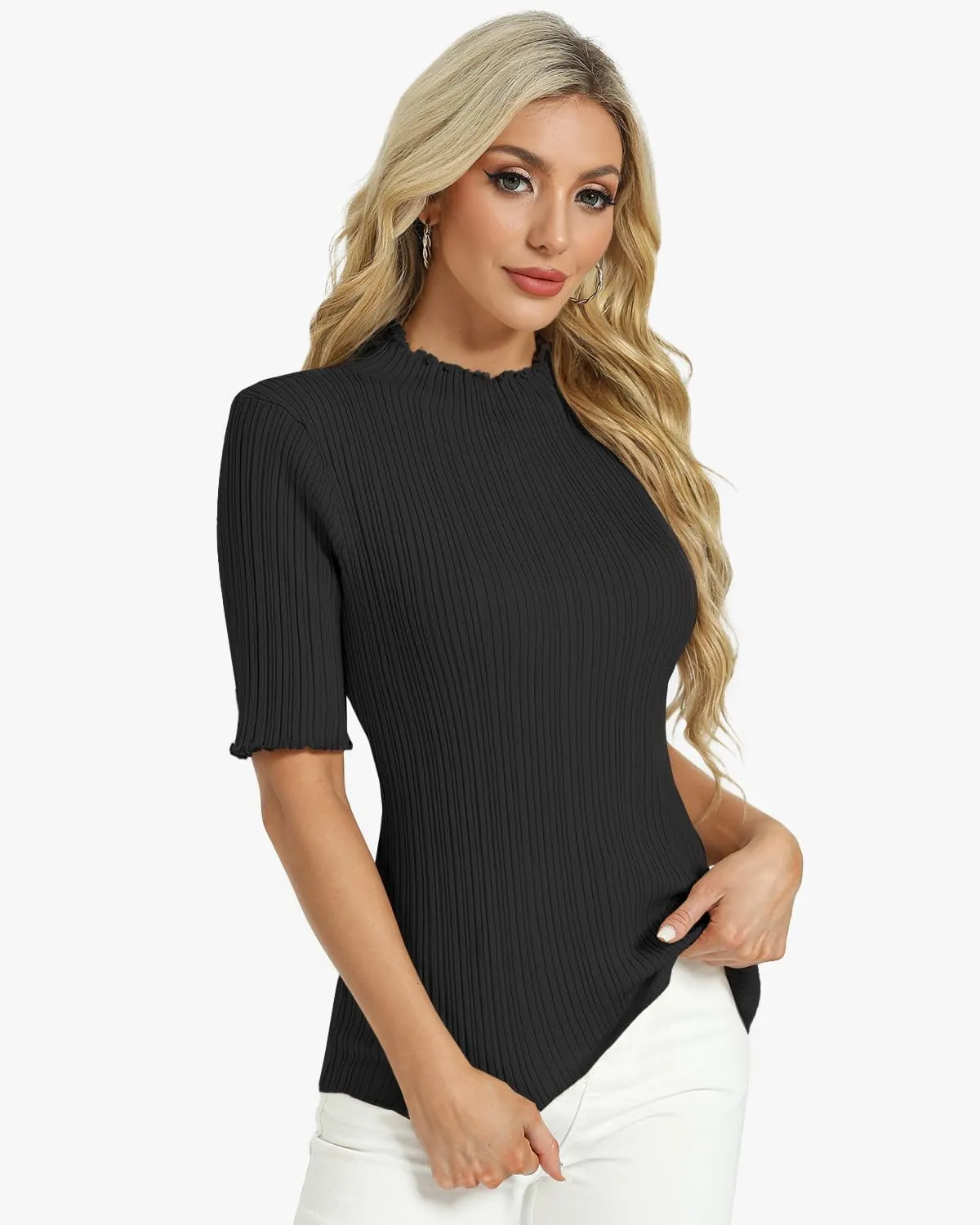 Tanou Women's Half Sleeve Pullover Sweaters Mock Neck Ribbed Knitted Small Wave Shirts Casual Slim Fit Basic Tee Tops