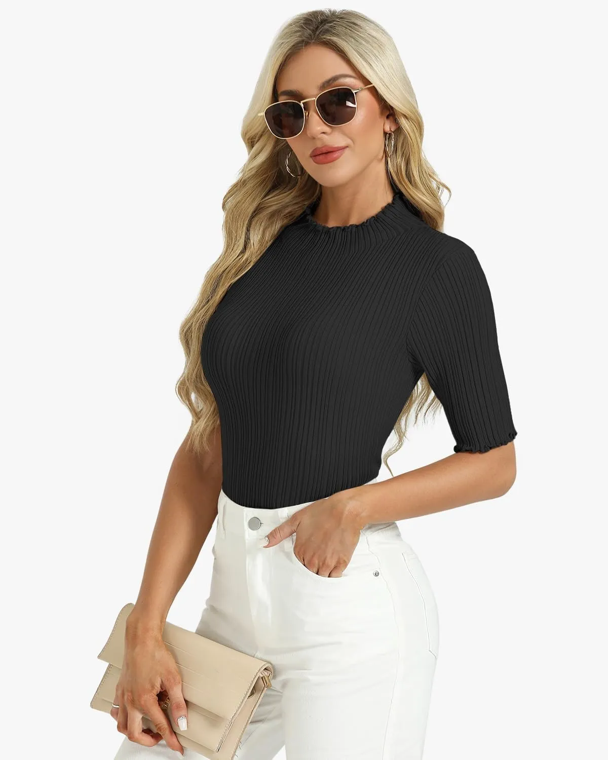 Tanou Women's Half Sleeve Pullover Sweaters Mock Neck Ribbed Knitted Small Wave Shirts Casual Slim Fit Basic Tee Tops