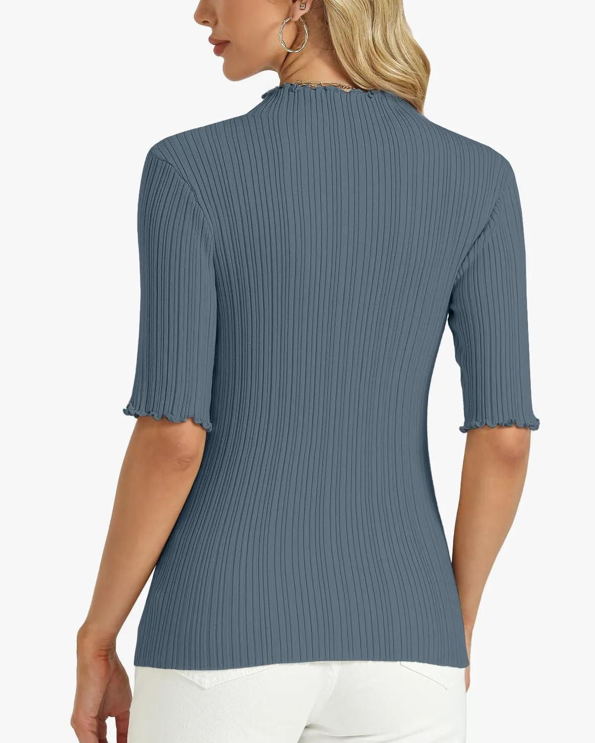 Tanou Women's Half Sleeve Pullover Sweaters Mock Neck Ribbed Knitted Small Wave Shirts Casual Slim Fit Basic Tee Tops