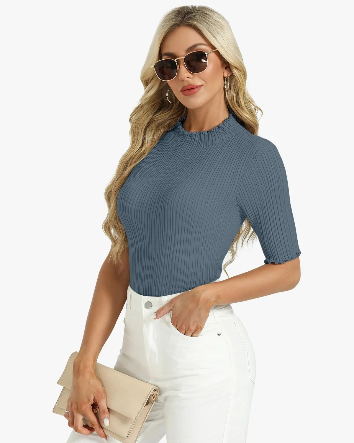 Tanou Women's Half Sleeve Pullover Sweaters Mock Neck Ribbed Knitted Small Wave Shirts Casual Slim Fit Basic Tee Tops
