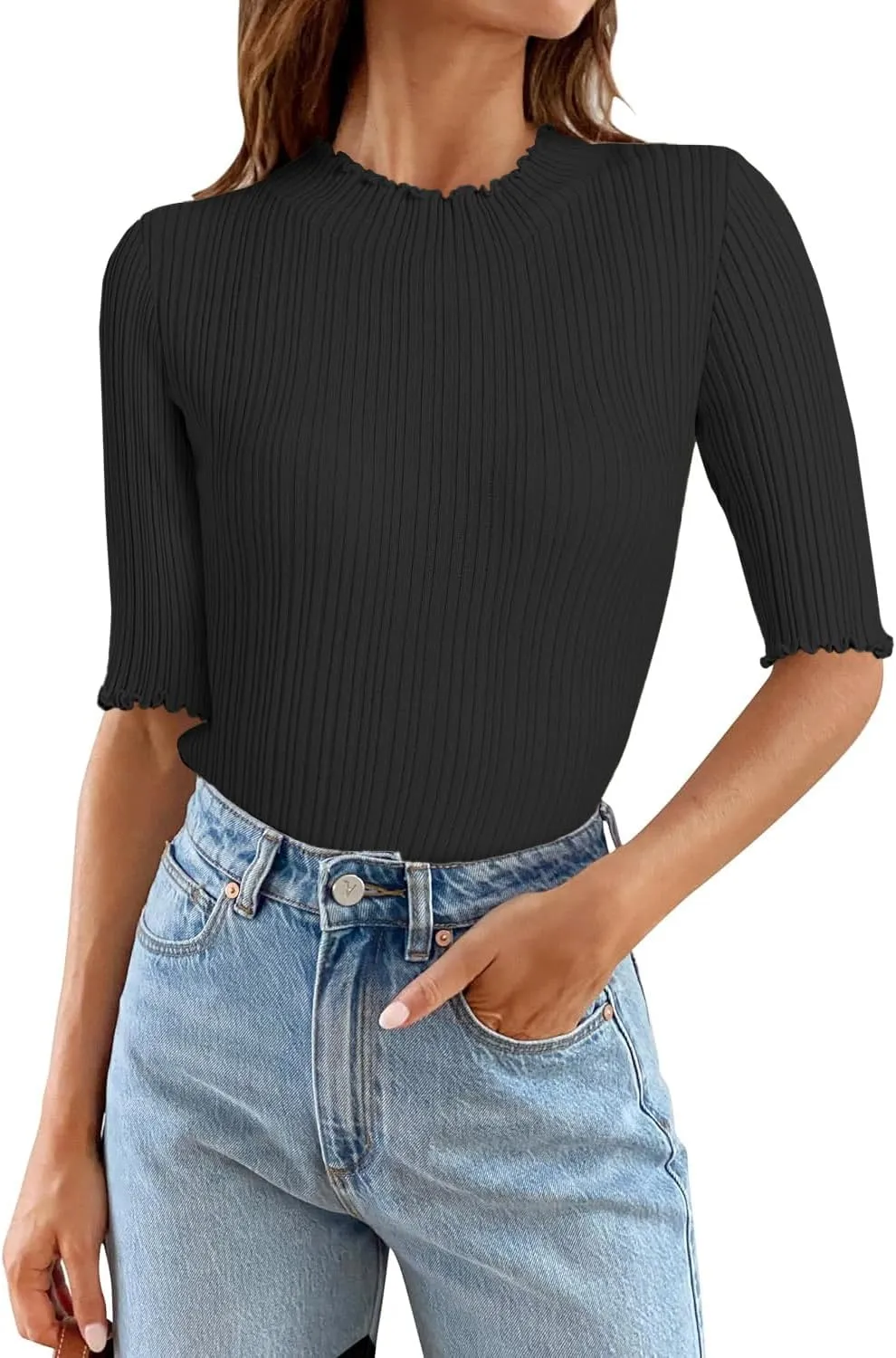 Tanou Women's Half Sleeve Pullover Sweaters Mock Neck Ribbed Knitted Small Wave Shirts Casual Slim Fit Basic Tee Tops