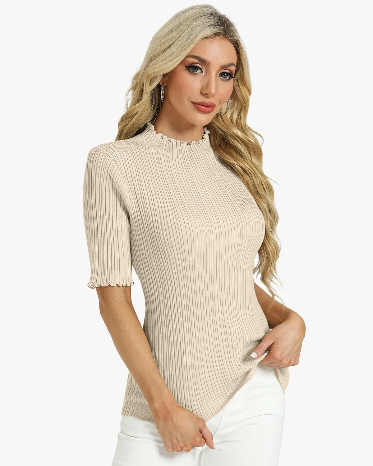 Tanou Women's Half Sleeve Pullover Sweaters Mock Neck Ribbed Knitted Small Wave Shirts Casual Slim Fit Basic Tee Tops